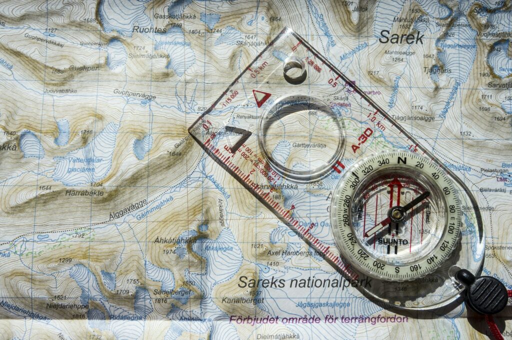 Baseplate compass on a topographic map